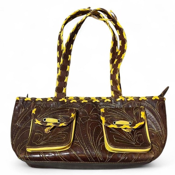Handbags - Brown leather handbag with yellow stitching accents